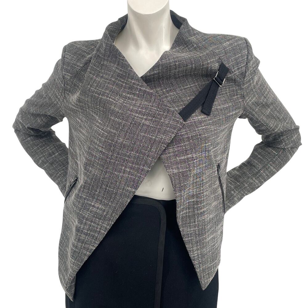 Angl Womens Asymmetrical Funky Wrap Jacket Blazer Black White Gray Pockets Sz S